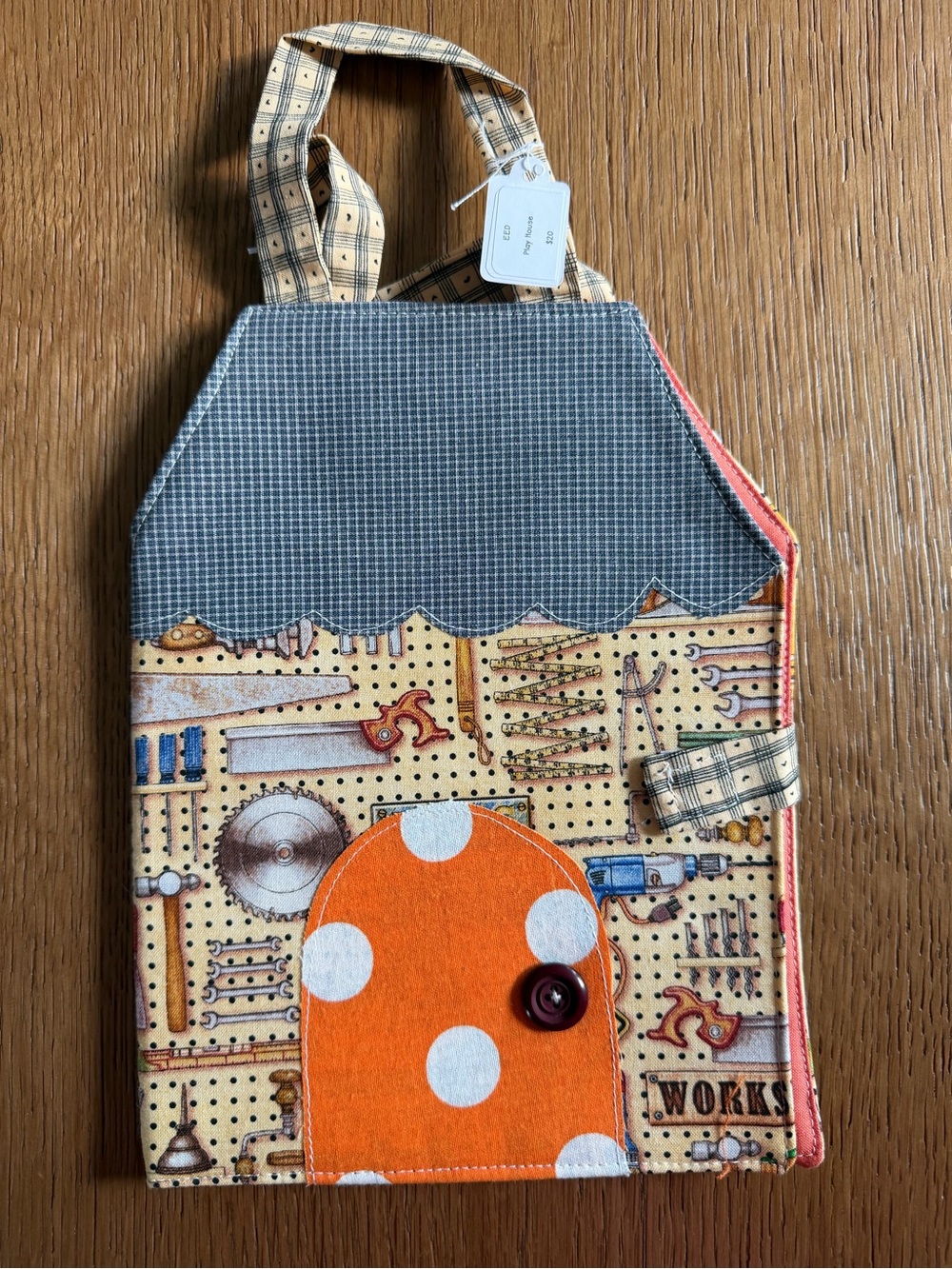 Kids Tool-Themed Tote Bag with Orange Polka-Dot Pocket
